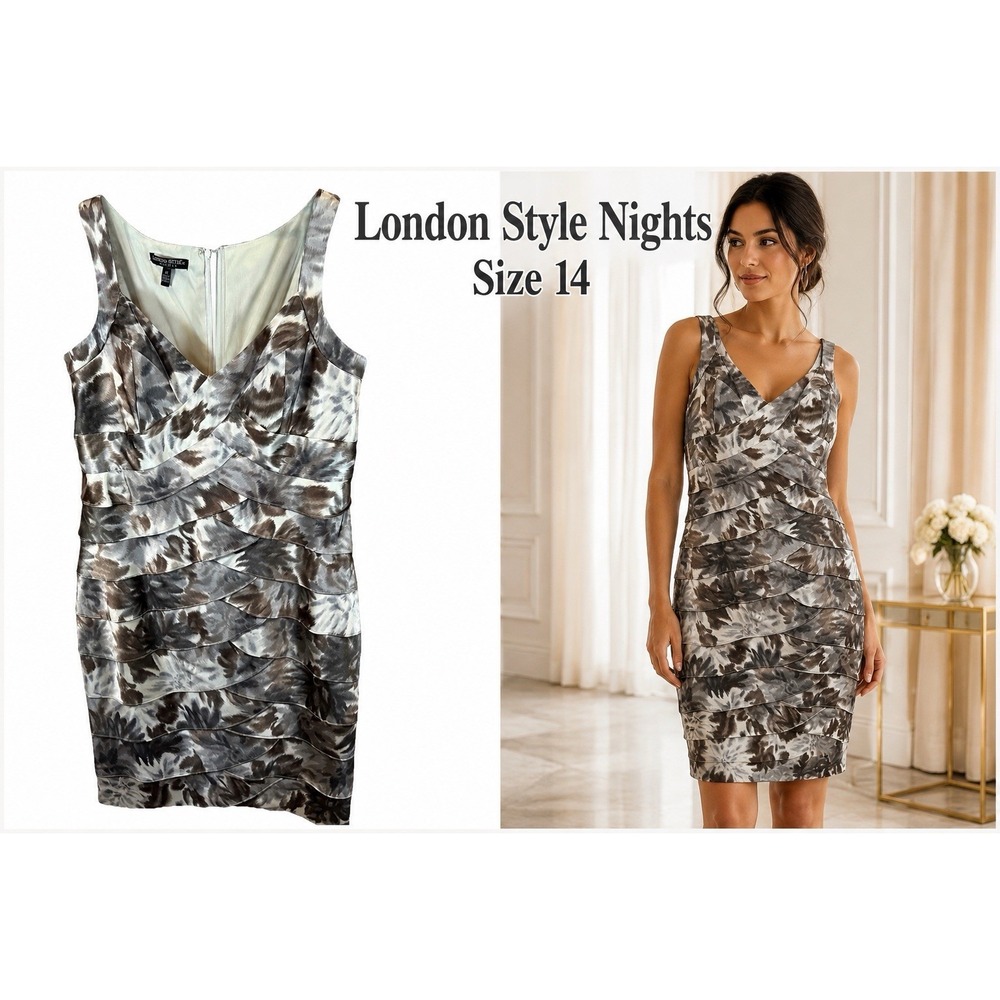 London Style Nights Dress Size 14 Gray Brown Floral Sheath Cocktail Midi Formal